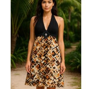 VTG Kay Unger Y2K Dress Women 10  Halter Baby Doll Silk Burnout‎ Tribal Resort